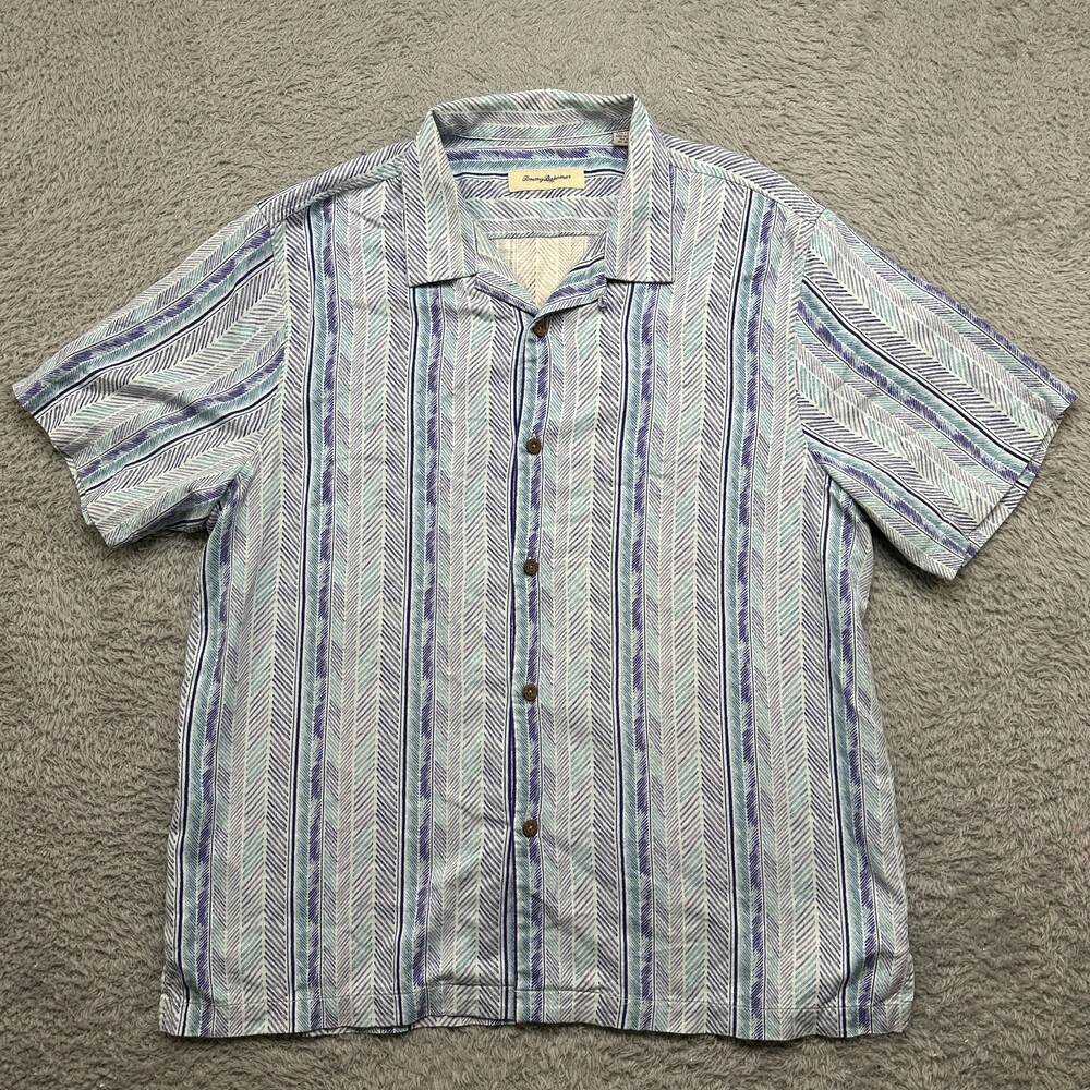 Tommy Bahama Shirt Mens 2XL Blue Beach Silk Rayon Button Short Sleeve